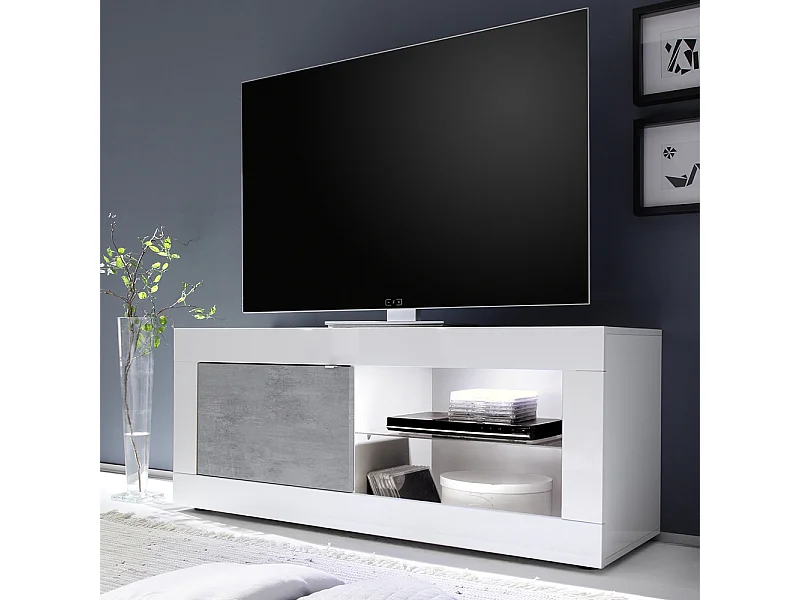 Mobile porta TV design moderno con anta singola e vani a giorno con piano in vetro 140x56 PTL3 bianco e cemento