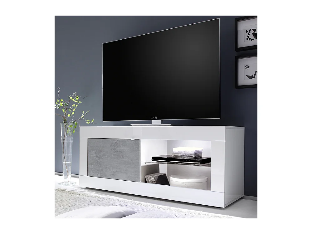 Mobile porta TV design moderno con anta singola e vani a giorno con piano in vetro 140x56 PTL3 bianco e cemento