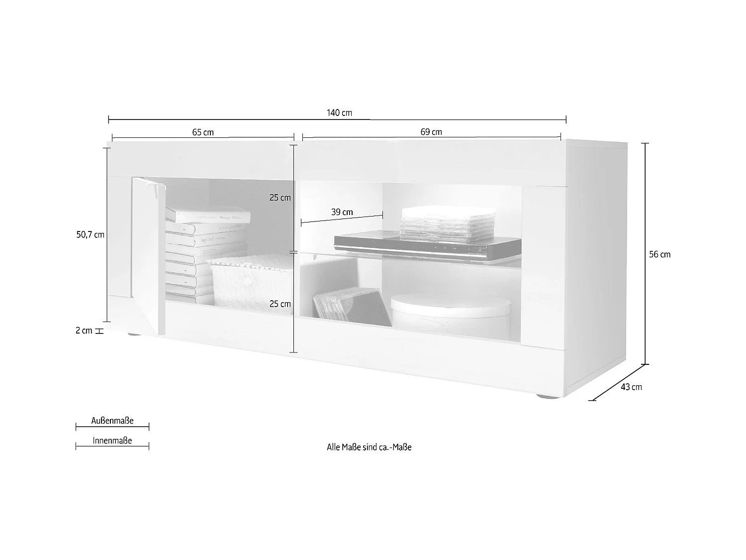 Mobile porta TV design moderno con anta singola e vani a giorno con piano in vetro 140x56 PTL3 bianco e cemento