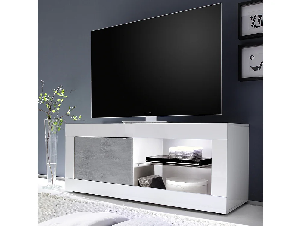 Mobile porta TV design moderno con anta singola e vani a giorno con piano in vetro 140x56 PTL3 bianco e cemento