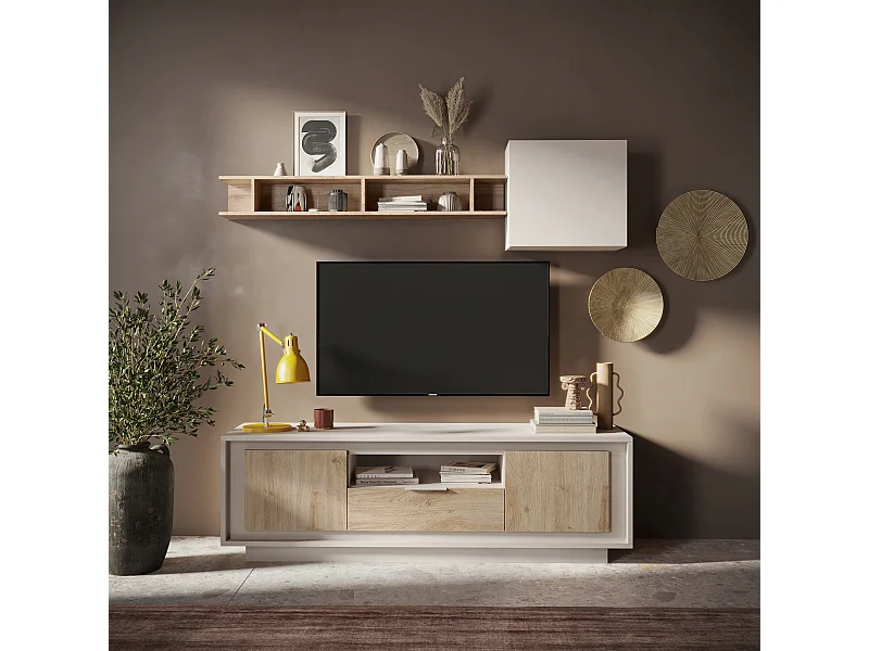 Mobile porta TV con 2 ante e un cassetto 184x58 cm cashmere e rovere chiaro PTL24