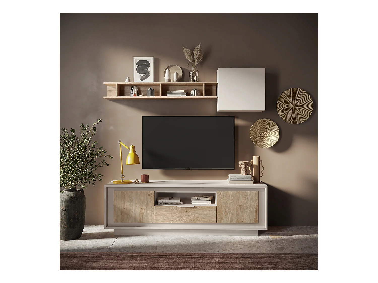 Mobile porta TV con 2 ante e un cassetto 184x58 cm cashmere e rovere chiaro PTL24