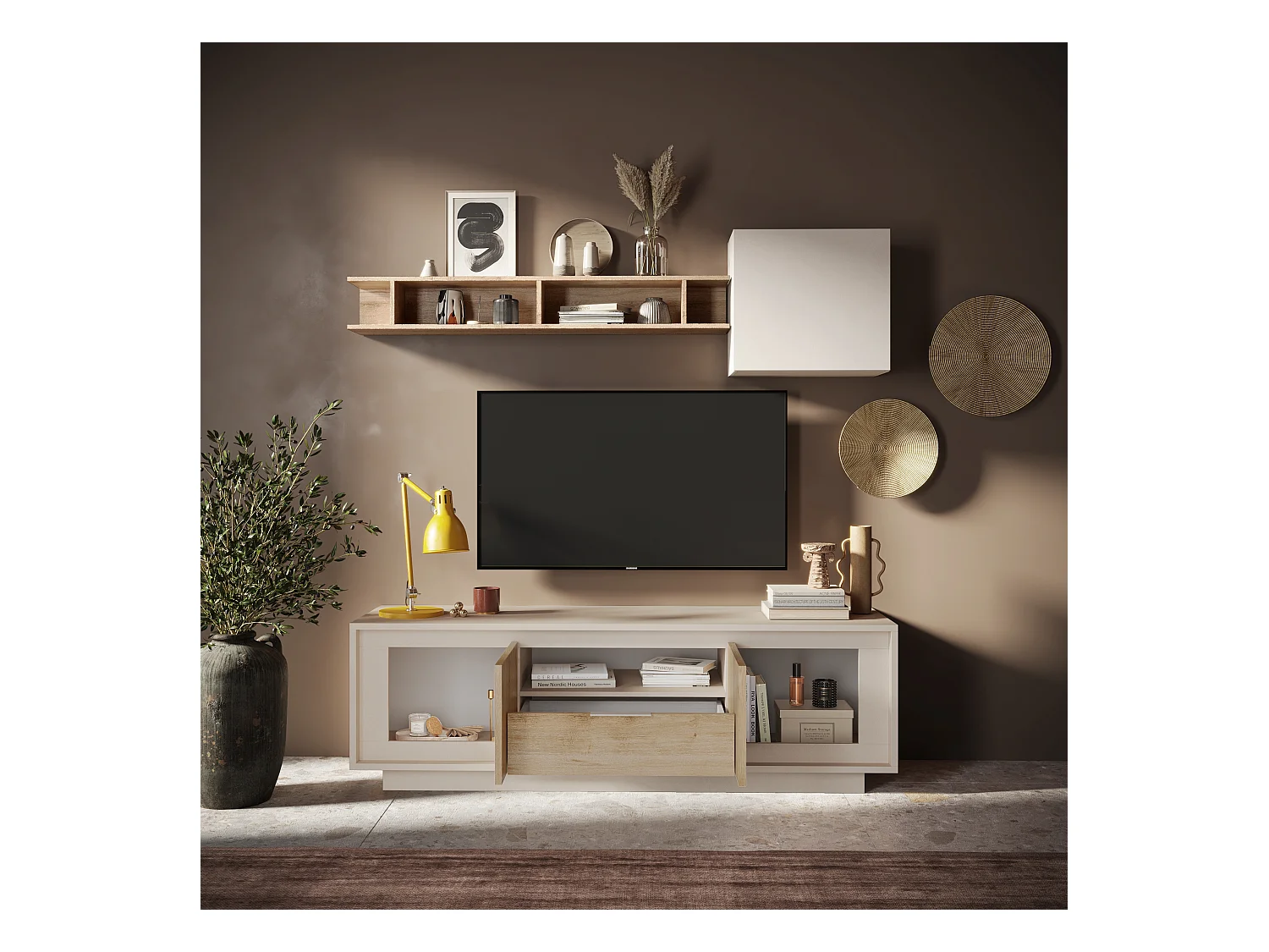 Mobile porta TV con 2 ante e un cassetto 184x58 cm cashmere e rovere chiaro PTL24