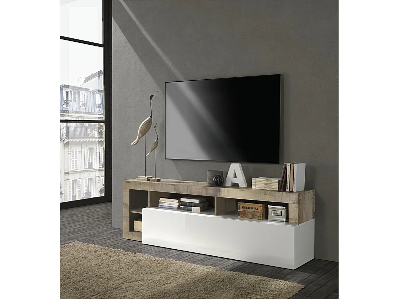 Mobile porta TV con anta a ribalta e vani a giorno design moderno 184x58 PTL9 bianco e pero