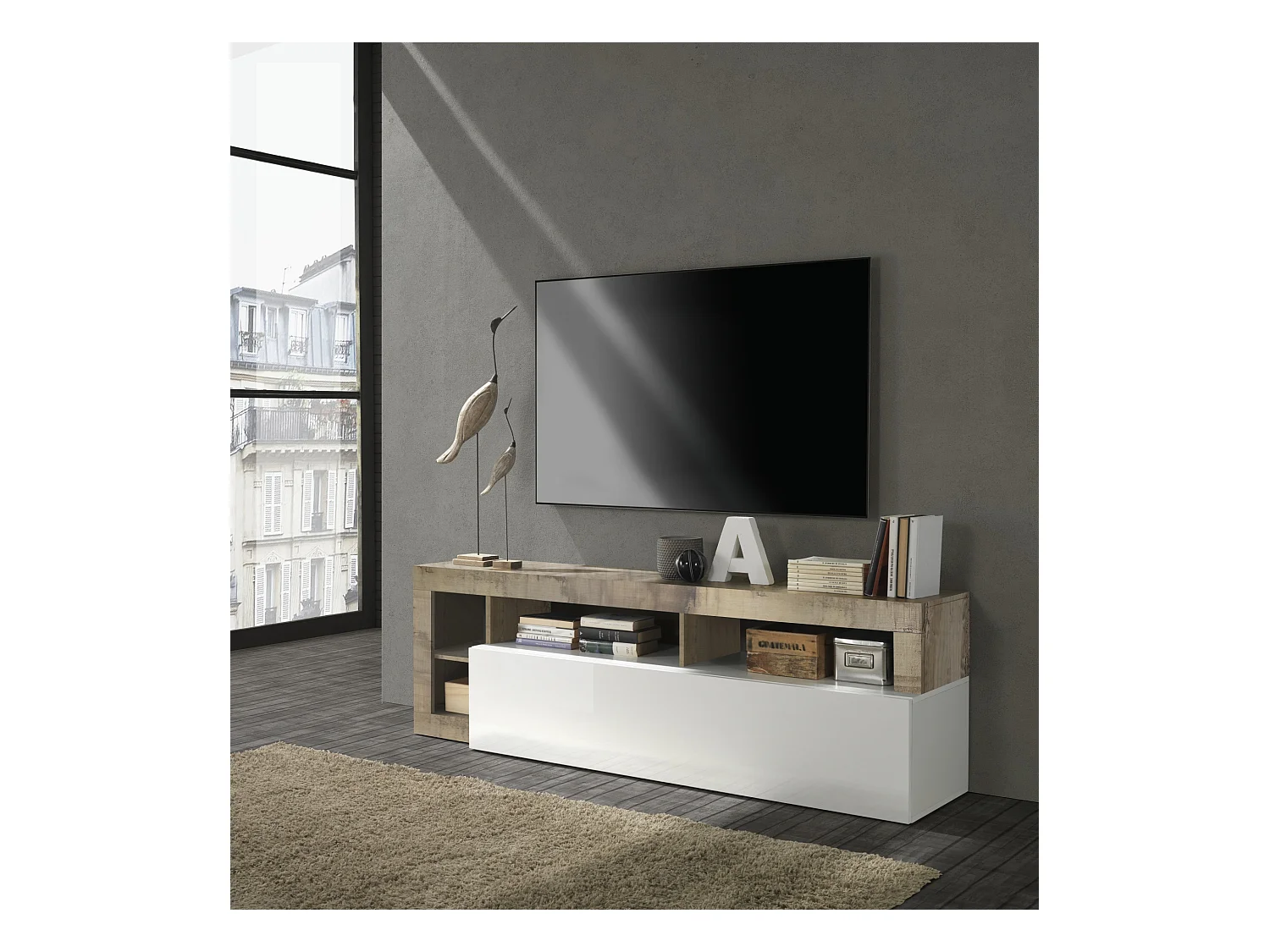 Mobile porta TV con anta a ribalta e vani a giorno design moderno 184x58 PTL9 bianco e pero