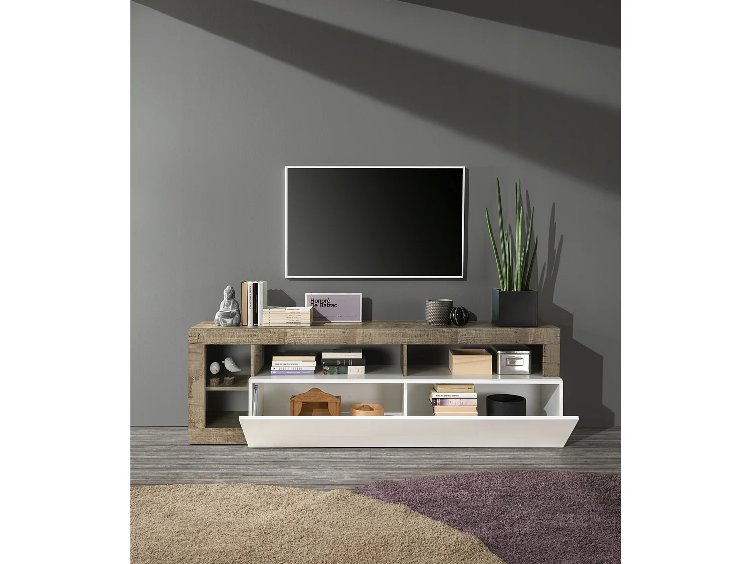 Mobile porta TV con anta a ribalta e vani a giorno design moderno 184x58 PTL9 bianco e pero