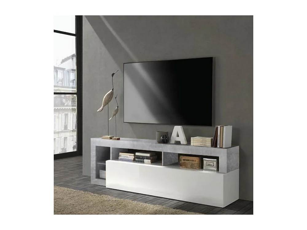 Mobile porta TV con anta a ribalta e vani a giorno design moderno 184x58 PTL9 bianco e cemento
