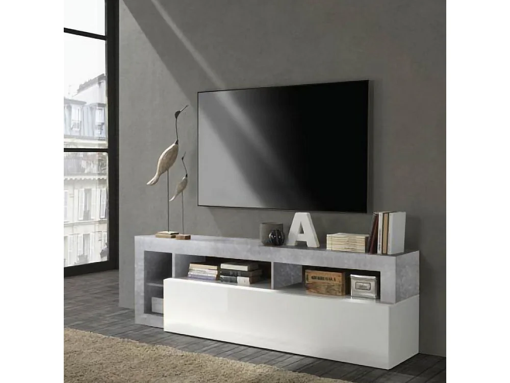 Mobile porta TV con anta a ribalta e vani a giorno design moderno 184x58 PTL9 bianco e cemento