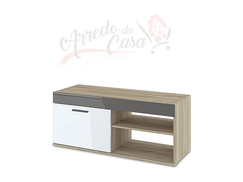 Mobile porta TV moderno con vani a giorno e anta 120x50 rovere e bianco lucido PTI1