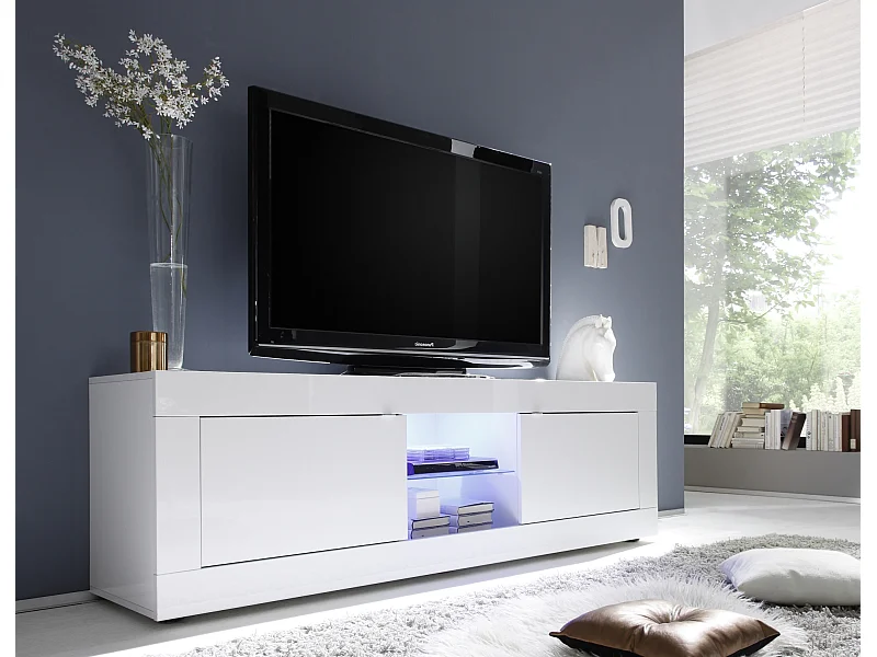 Mobile porta TV design moderno con ante e vano a giorno con ripiano in vetro 181x56 PTL2 bianco lucido