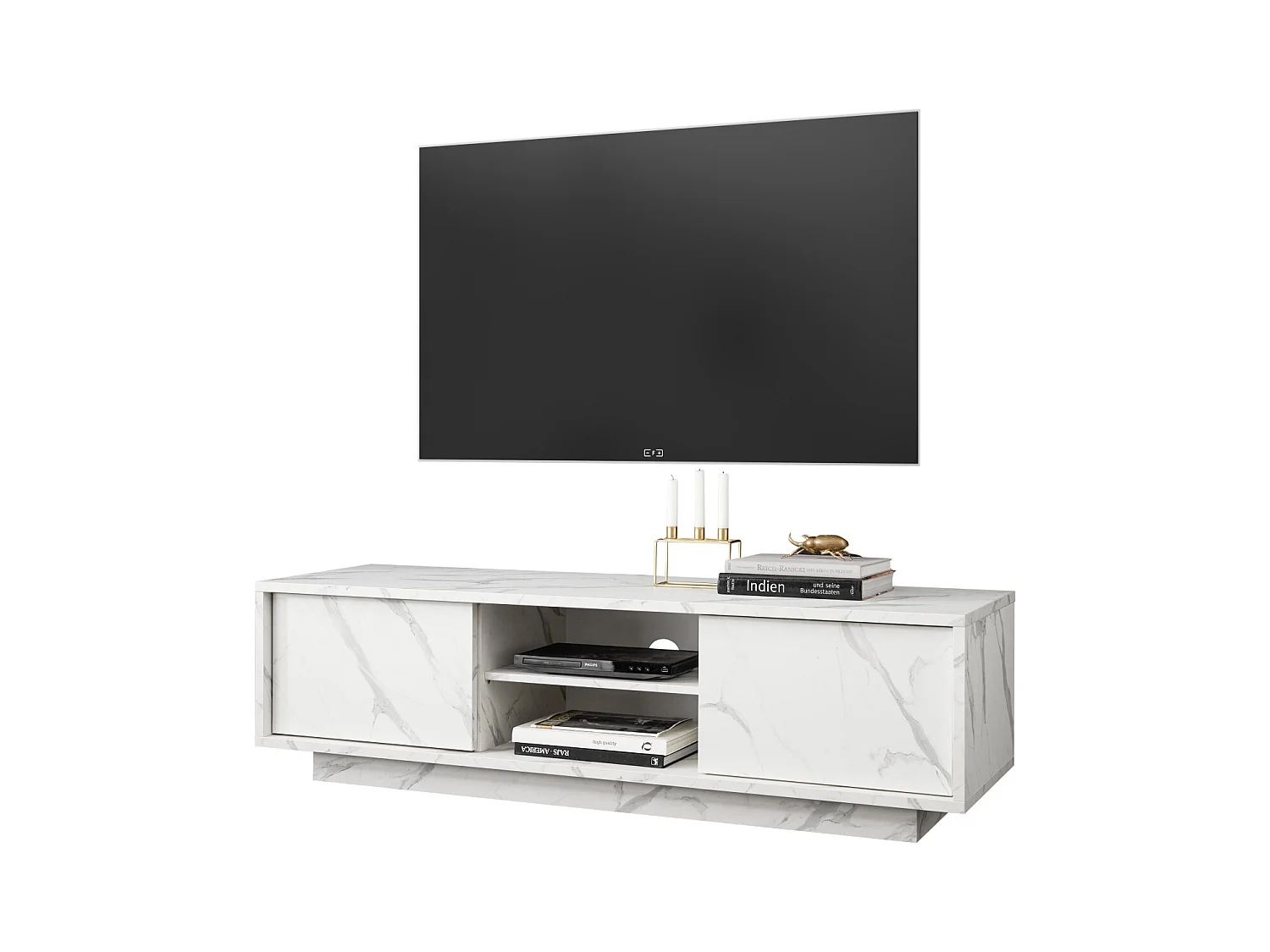 Mobile porta TV moderno con due ante marmorizzate per living 139x44 PTL10 marmo bianco