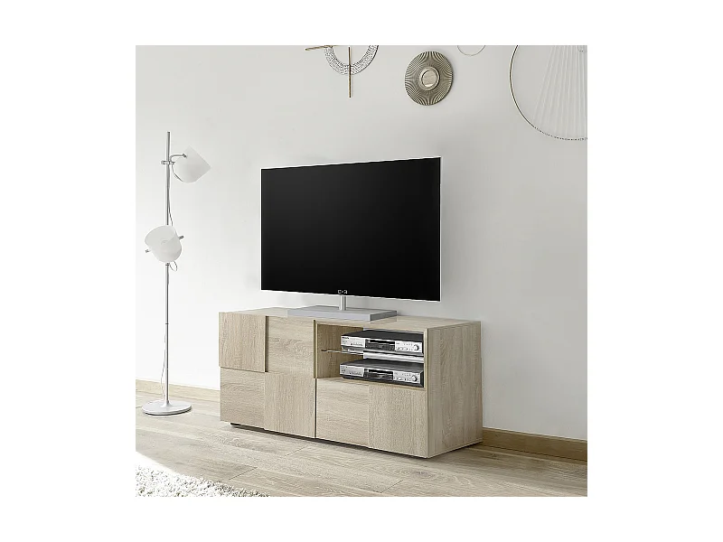 Mobile porta TV moderno con anta singola e cassetto design geometrico 121x57 PTL5 rovere samoa
