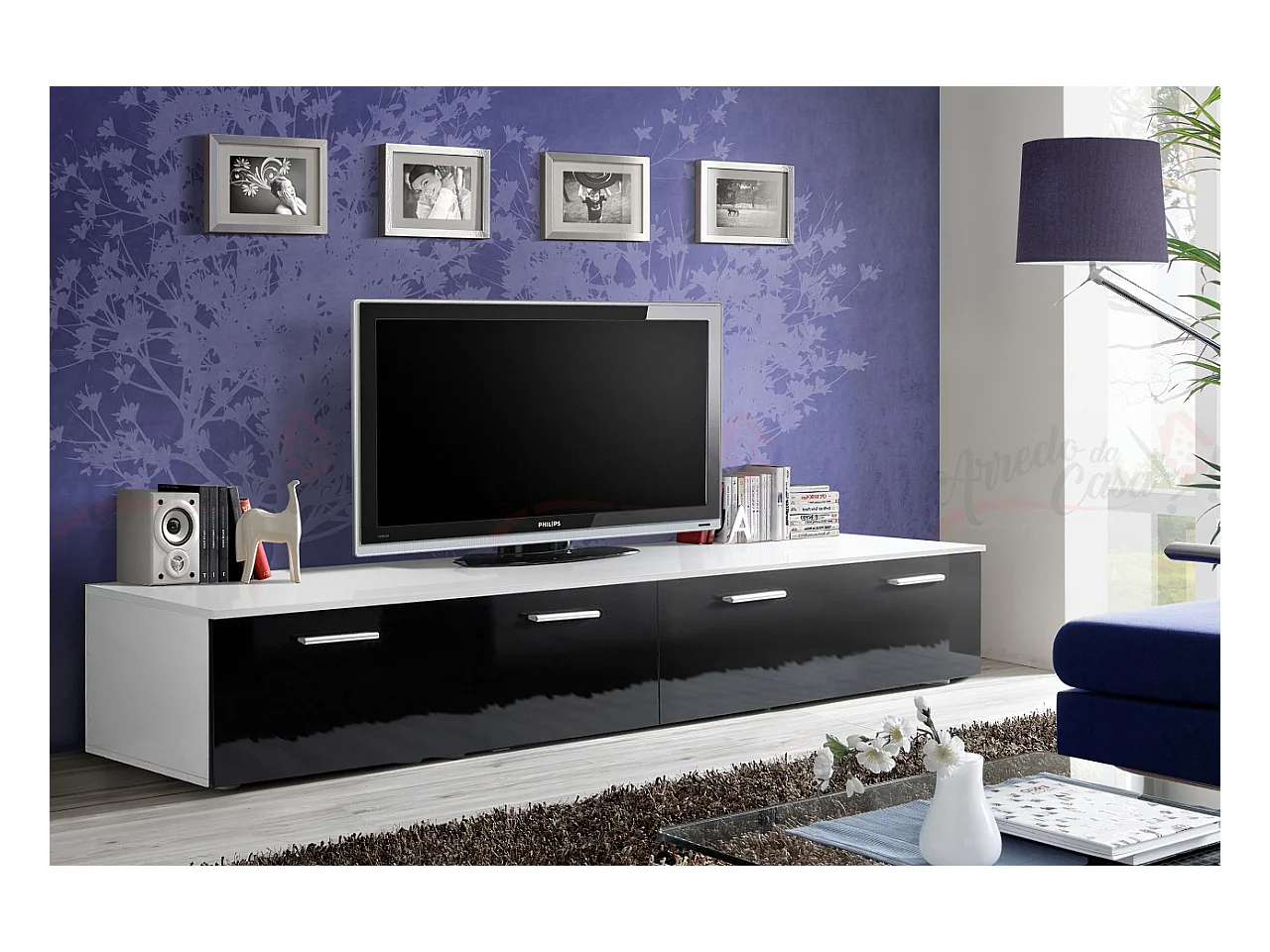 Mobile porta TV contemporanea per salotto con due ante PTVP1 200x35 bianco e nero lucido