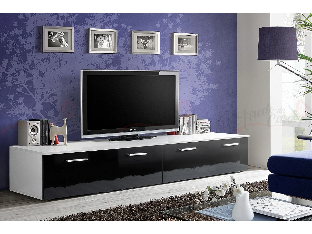 Mobile porta TV contemporanea per salotto con due ante PTVP1 200x35 bianco e nero lucido