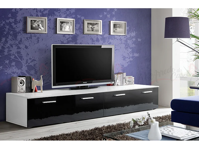 Mobile porta TV contemporanea per salotto con due ante PTVP1 200x35 bianco e nero lucido