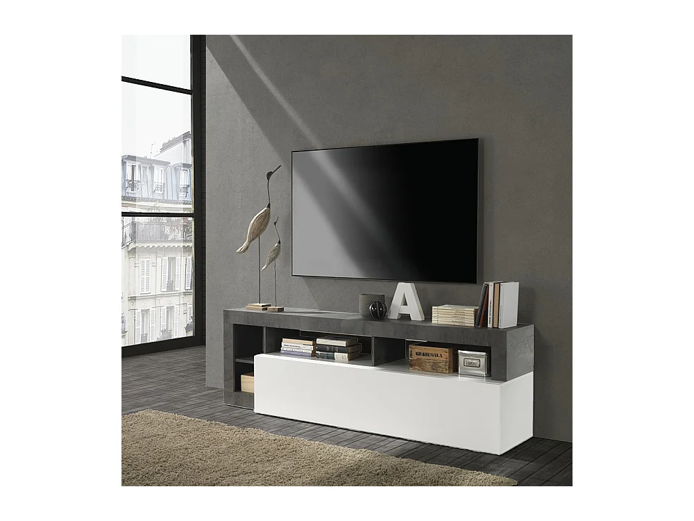 Mobile porta TV con anta a ribalta e vani a giorno design moderno 184x58 PTL9 bianco e ossido