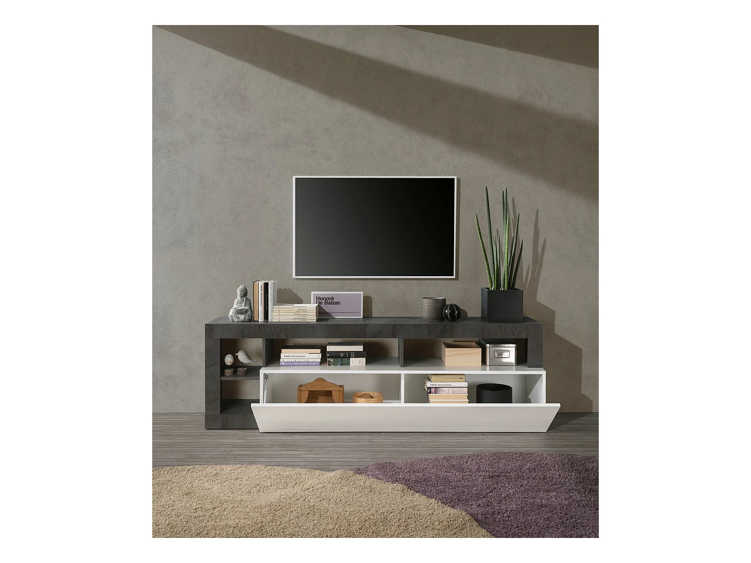 Mobile porta TV con anta a ribalta e vani a giorno design moderno 184x58 PTL9 bianco e ossido