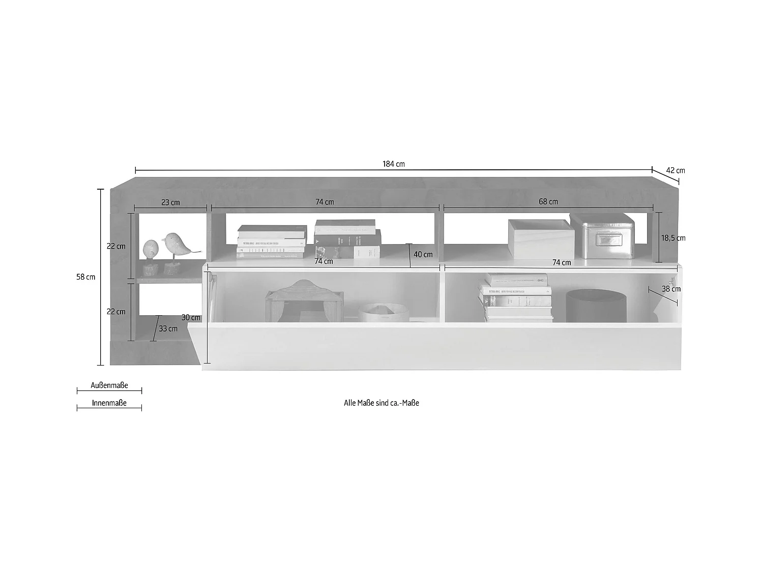 Mobile porta TV con anta a ribalta e vani a giorno design moderno 184x58 PTL9 bianco e ossido