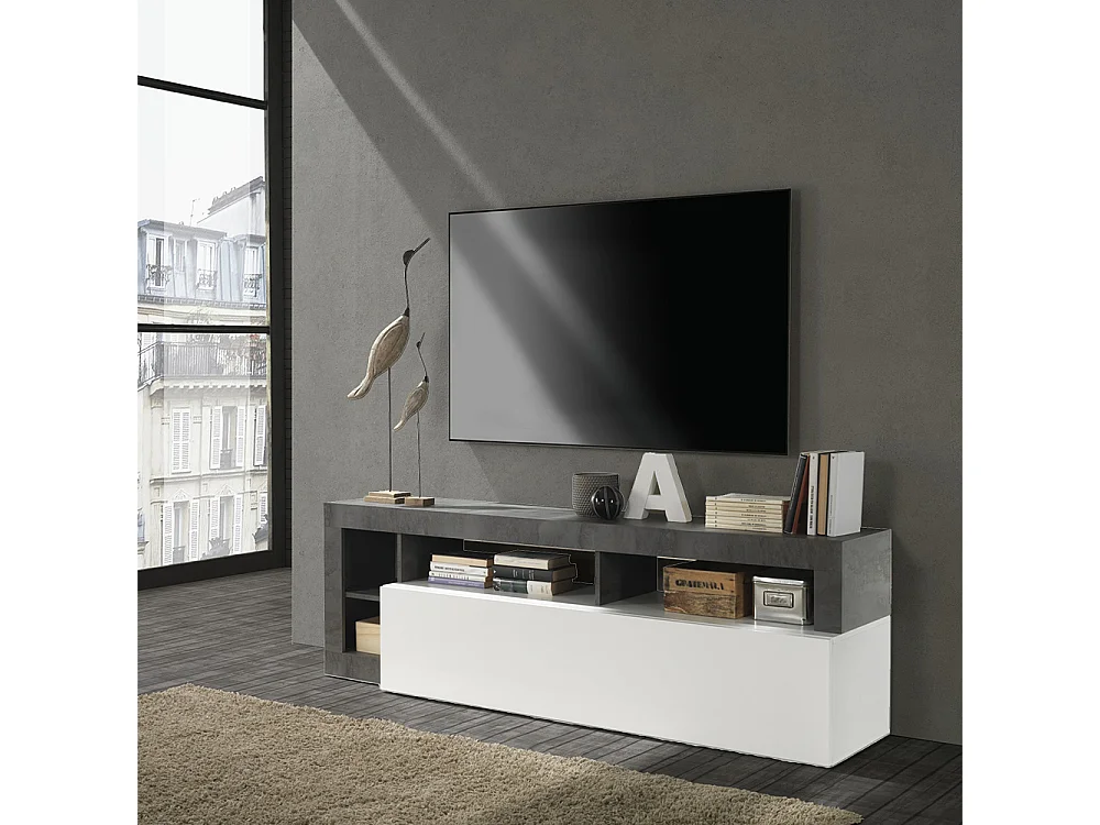 Mobile porta TV con anta a ribalta e vani a giorno design moderno 184x58 PTL9 bianco e ossido