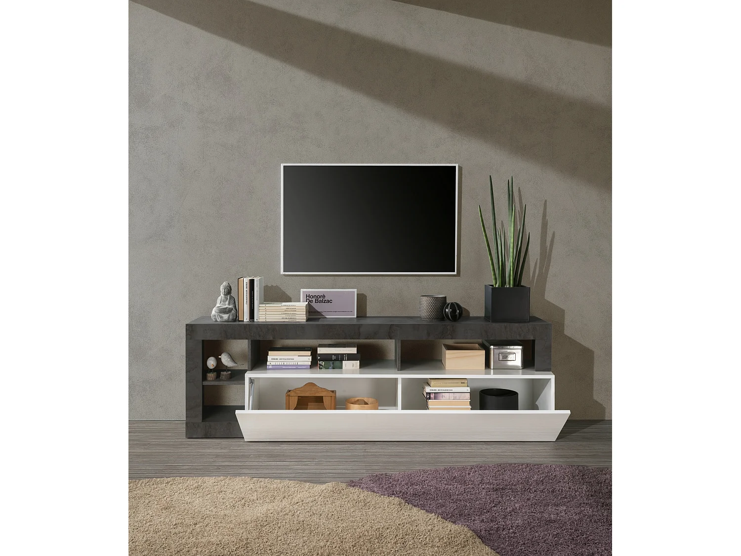 Mobile porta TV con anta a ribalta e vani a giorno design moderno 184x58 PTL9 bianco e ossido