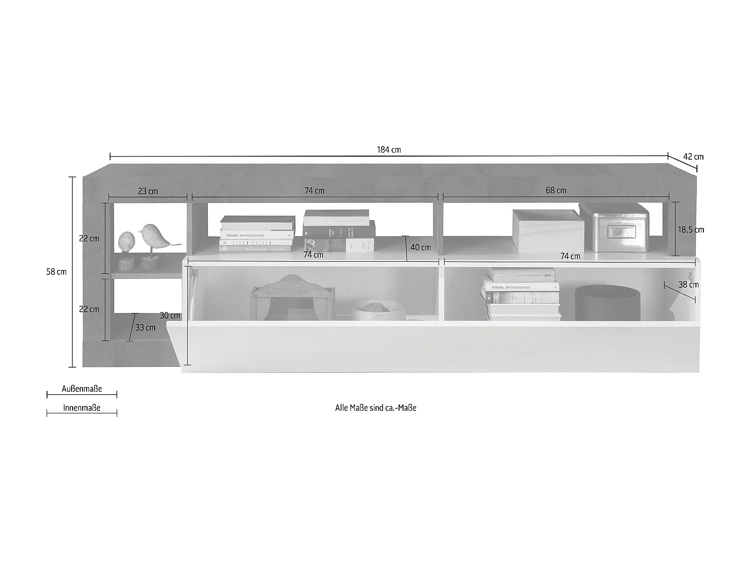 Mobile porta TV con anta a ribalta e vani a giorno design moderno 184x58 PTL9 bianco e ossido