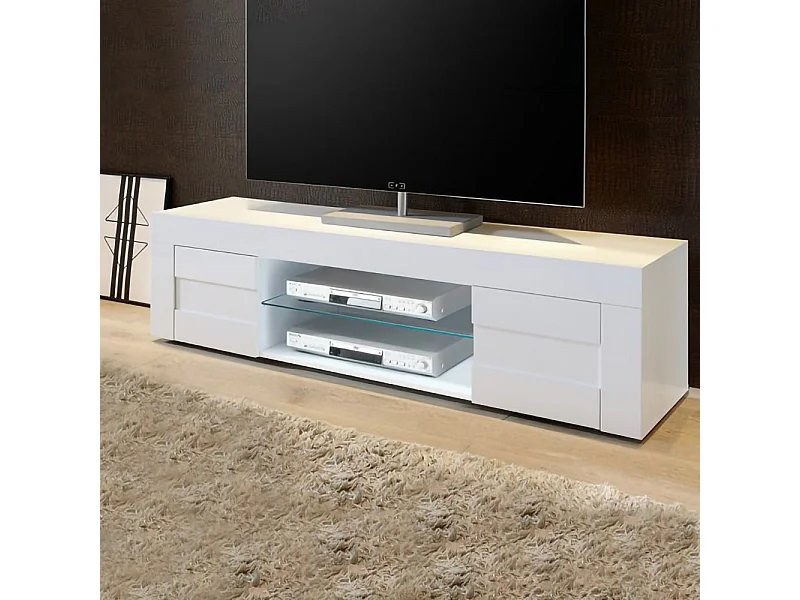 Mobile porta TV piccolo moderno design geometrico a due ante 138x44 PTL7 bianco lucido