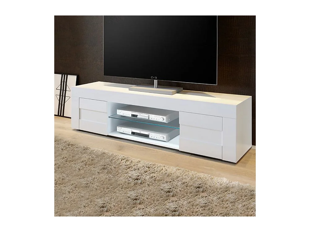 Mobile porta TV piccolo moderno design geometrico a due ante 138x44 PTL7 bianco lucido