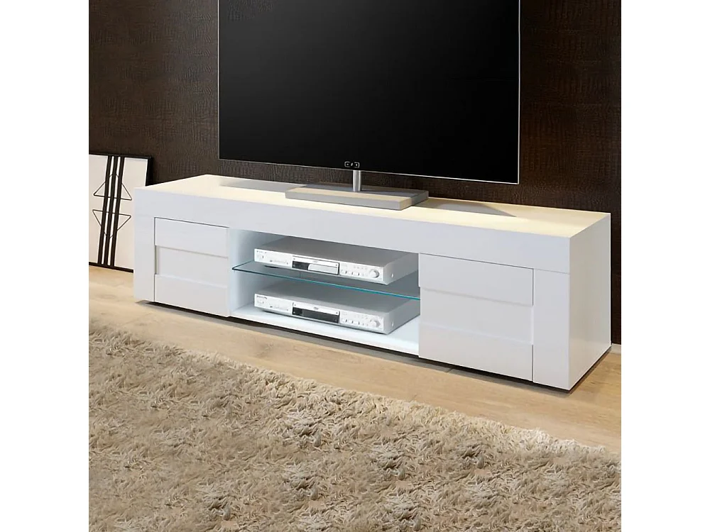 Mobile porta TV piccolo moderno design geometrico a due ante 138x44 PTL7 bianco lucido