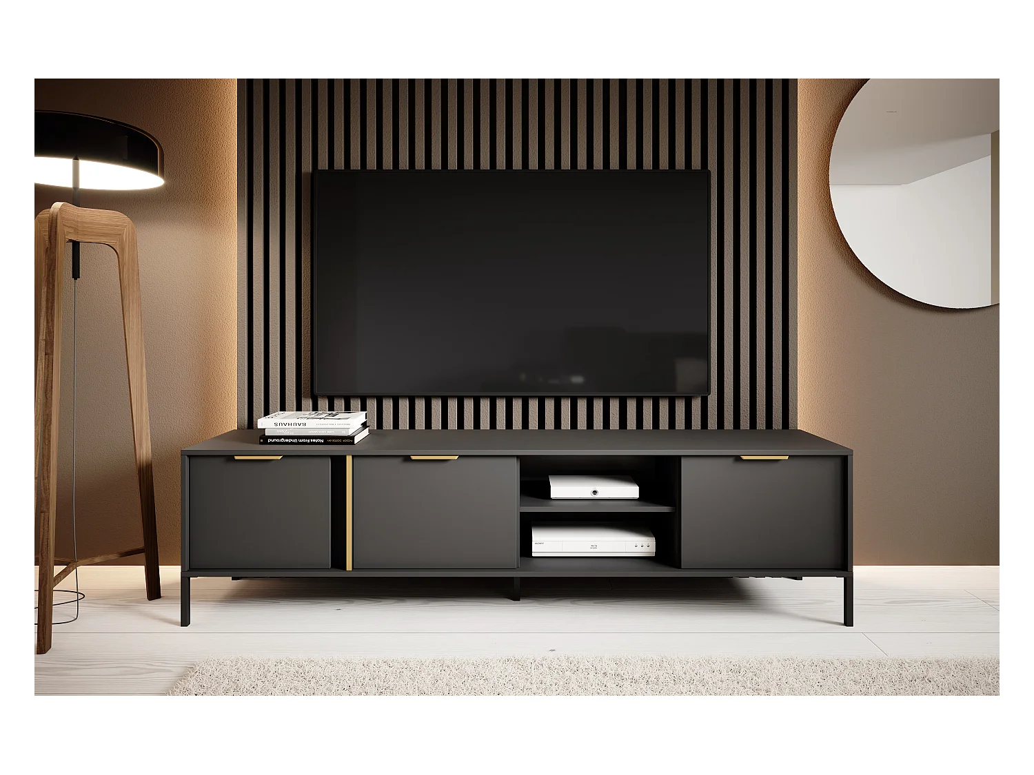 Mobile porta tv moderno 203x53cm antracite con dettagli oro PTVLK6