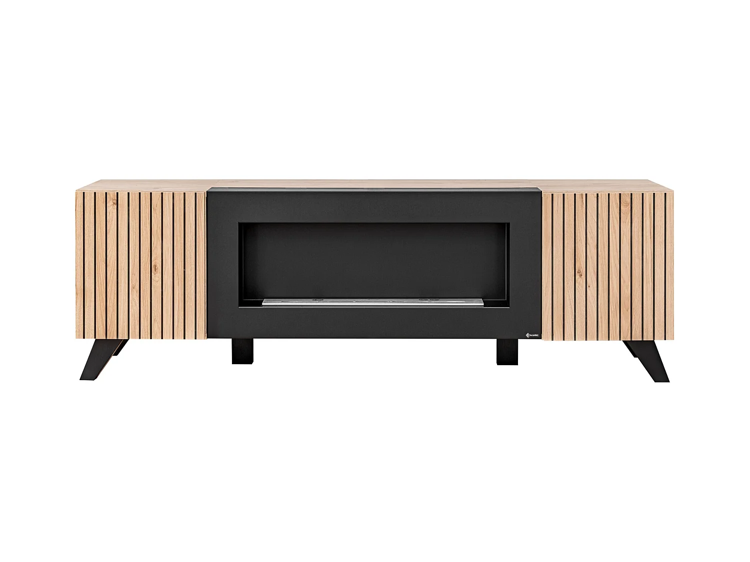 Mobile porta TV con biocamino nero 160x52 PTVP15 rovere e stampa a strisce nere