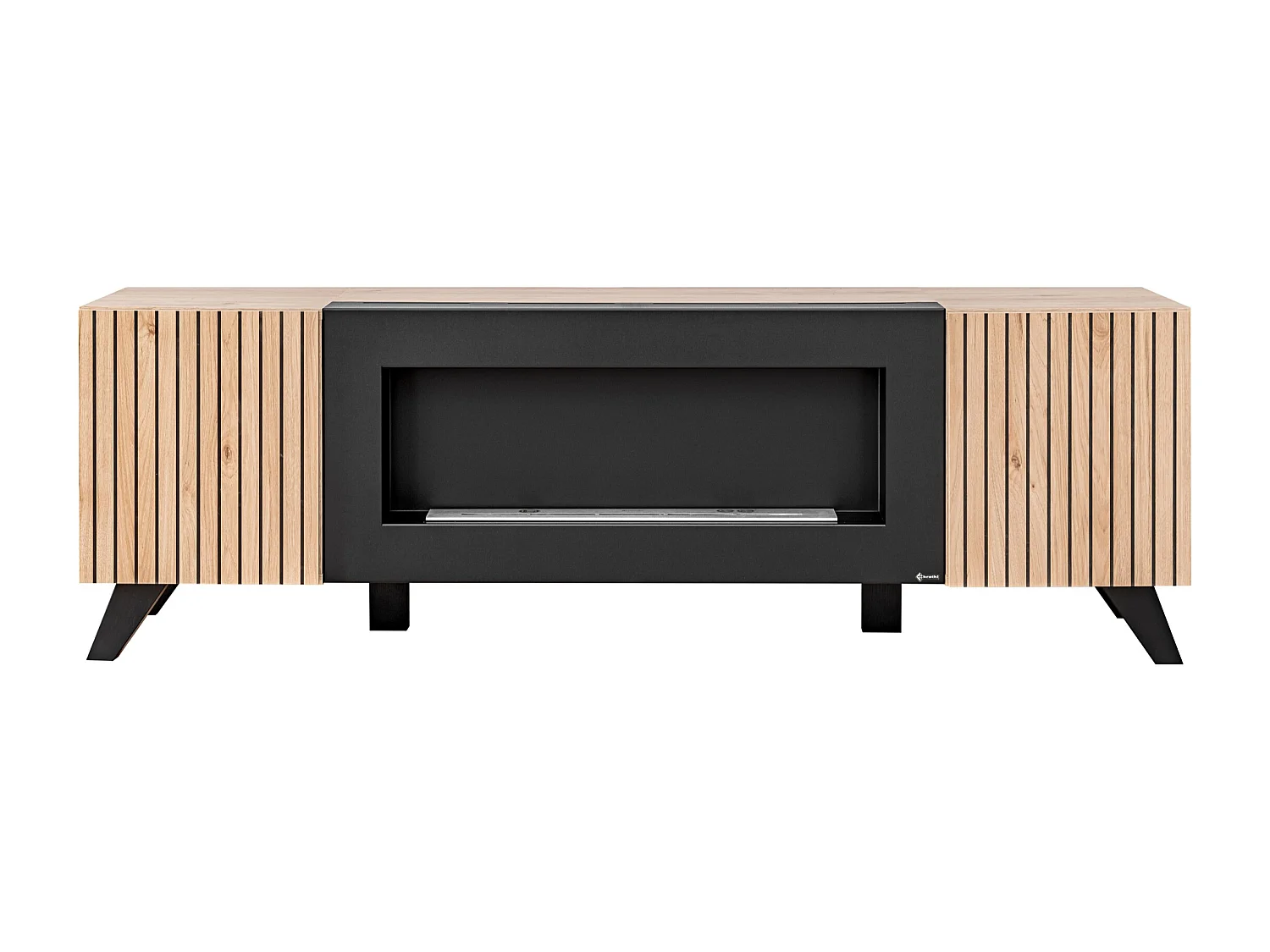 Mobile porta TV con biocamino nero 160x52 PTVP15 rovere e stampa a strisce nere