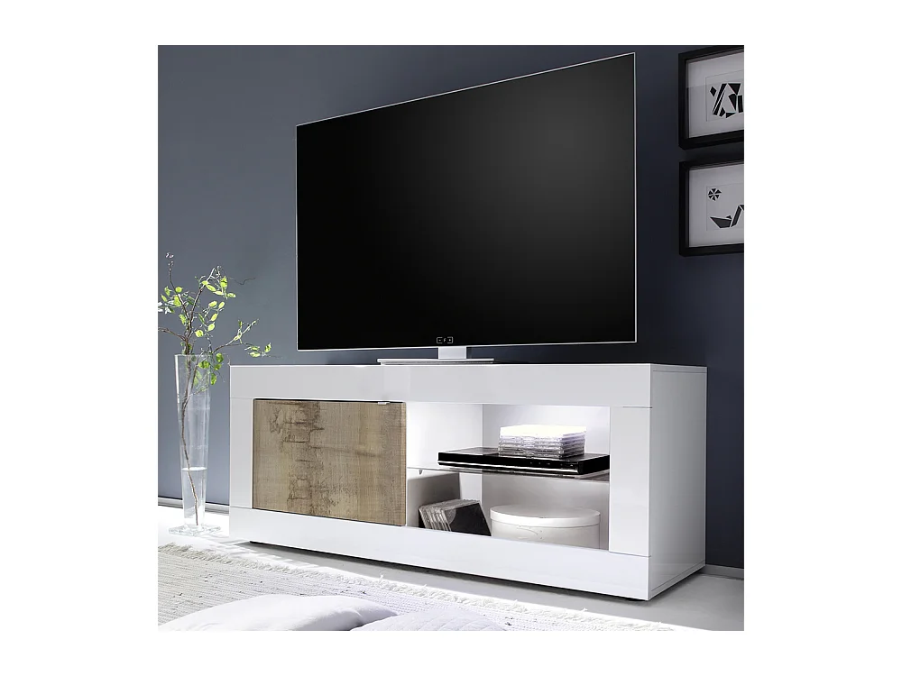 Mobile porta TV design moderno con anta singola e vani a giorno con piano in vetro 140x56 PTL3 bianco e pero
