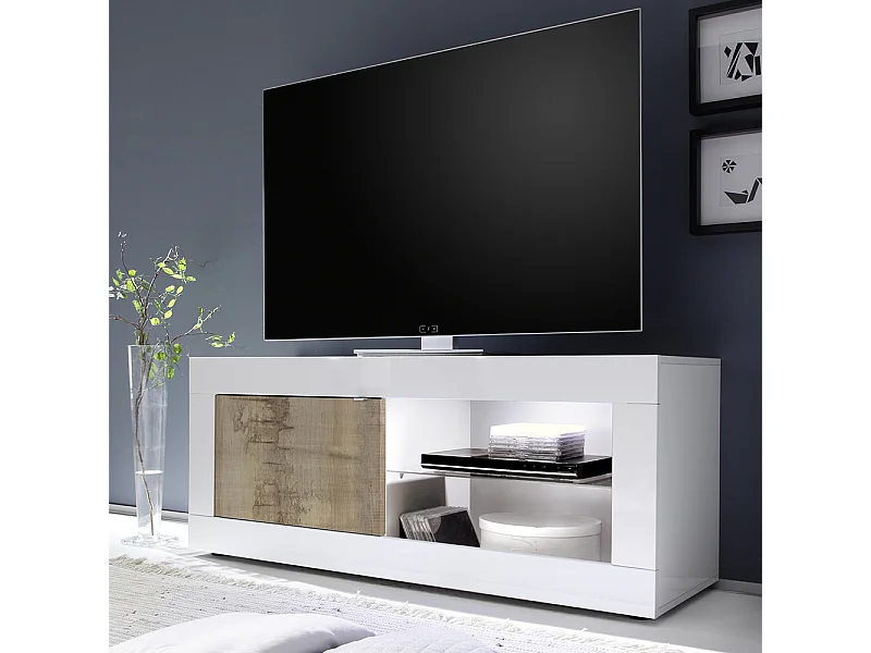 Mobile porta TV design moderno con anta singola e vani a giorno con piano in vetro 140x56 PTL3 bianco e pero
