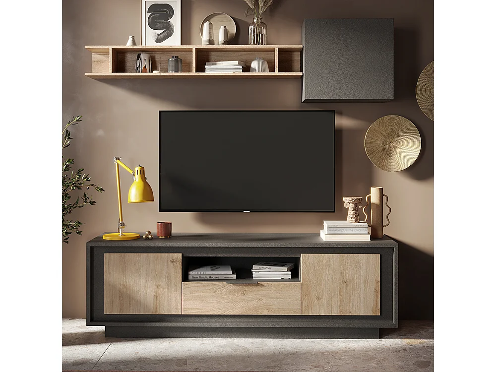 Mobile porta TV con 2 ante e un cassetto 184x58 cm grafite e rovere chiaro PTL24