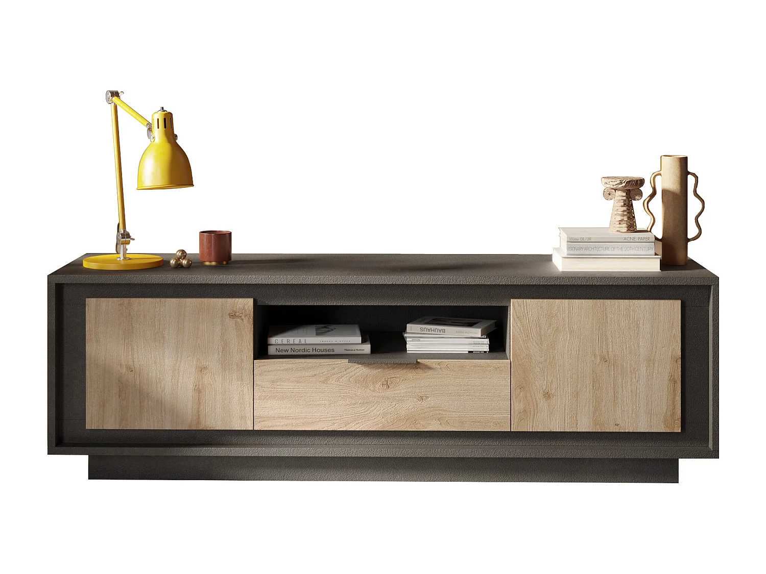 Mobile porta TV con 2 ante e un cassetto 184x58 cm grafite e rovere chiaro PTL24