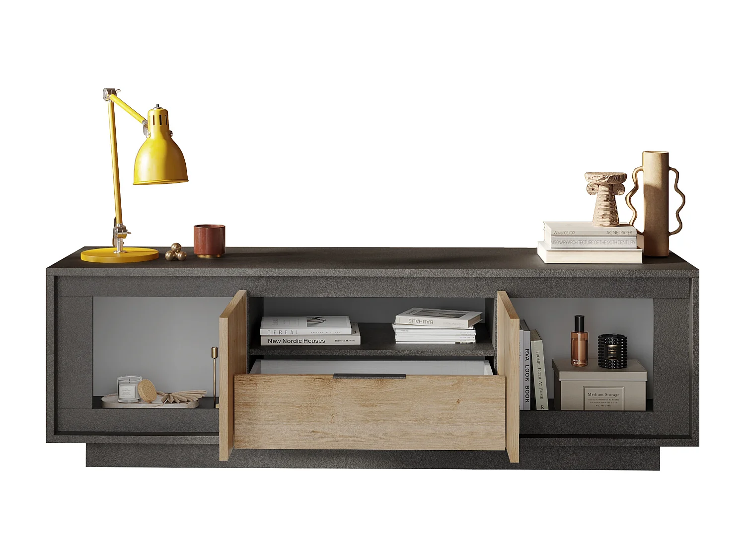 Mobile porta TV con 2 ante e un cassetto 184x58 cm grafite e rovere chiaro PTL24