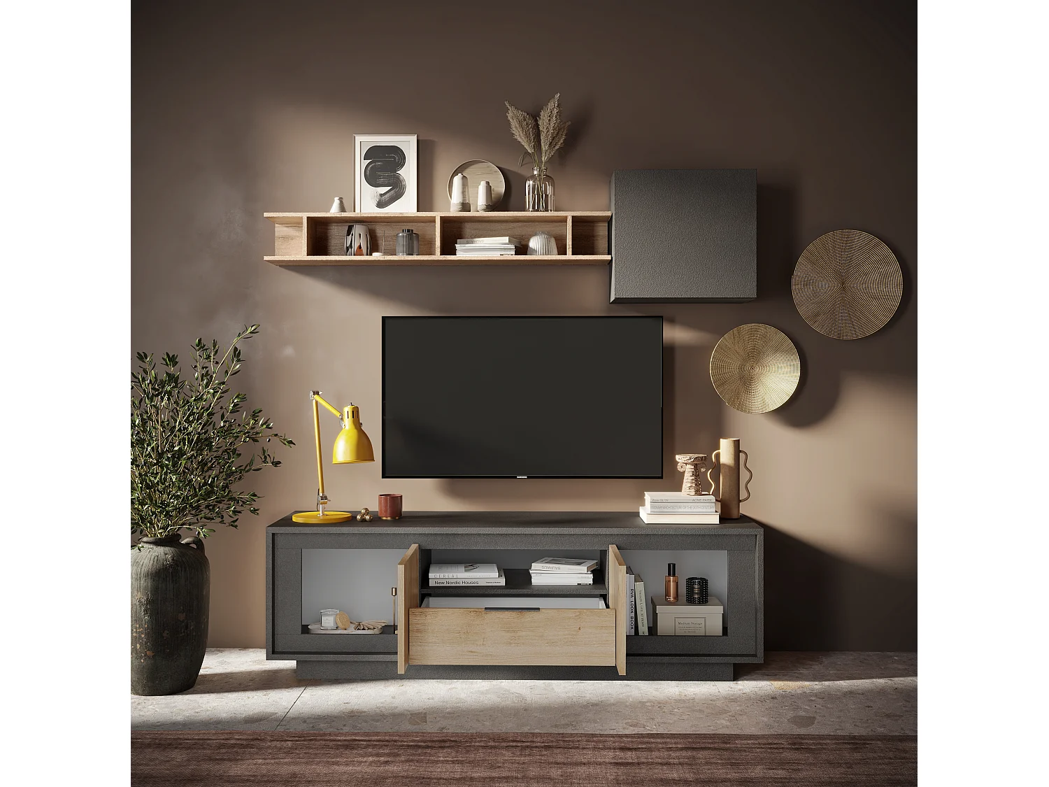 Mobile porta TV con 2 ante e un cassetto 184x58 cm grafite e rovere chiaro PTL24