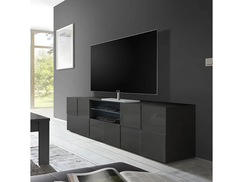 Mobile porta TV moderno con design geometrico doppia anta e cassetto 181x57 PTL4 grigio lucido