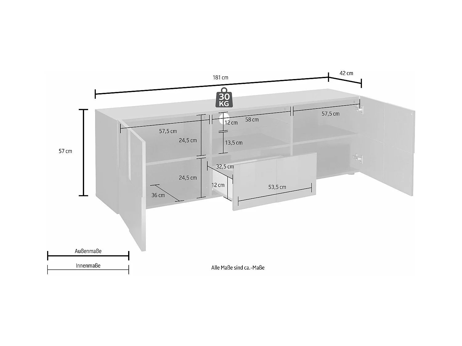 Mobile porta TV moderno con design geometrico doppia anta e cassetto 181x57 PTL4 grigio lucido