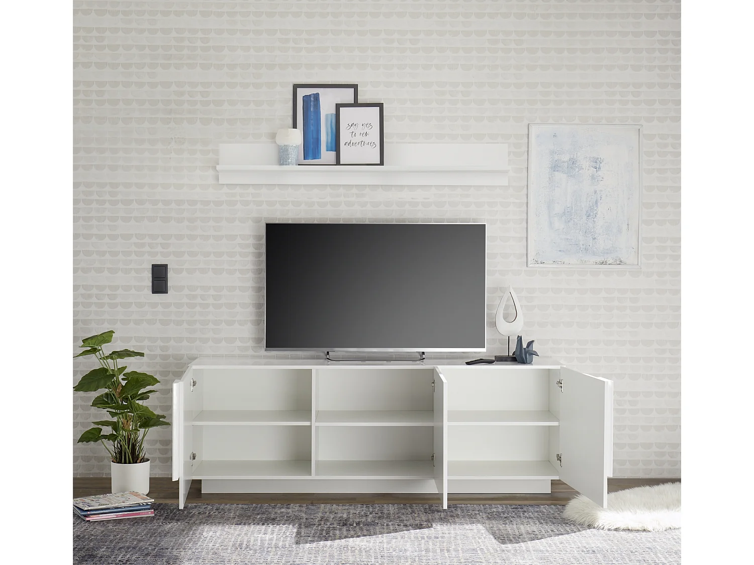 Mobile porta TV con tre ante battenti design moderno 181x63 PTL11 bianco lucido