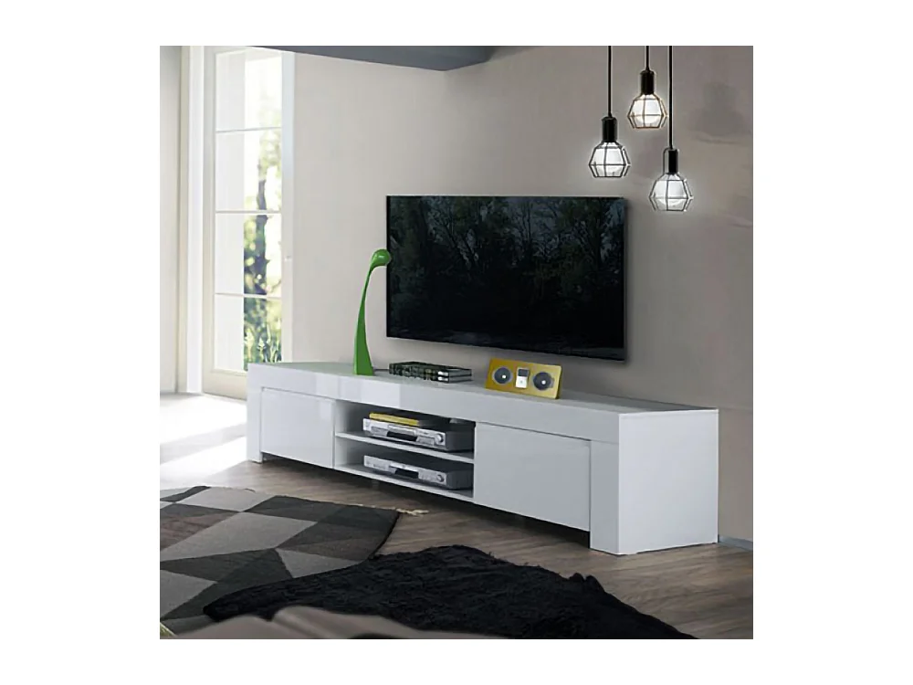 Mobile porta TV moderno basso con due vani a giorno centrali 190x45 PTL1 bianco lucido