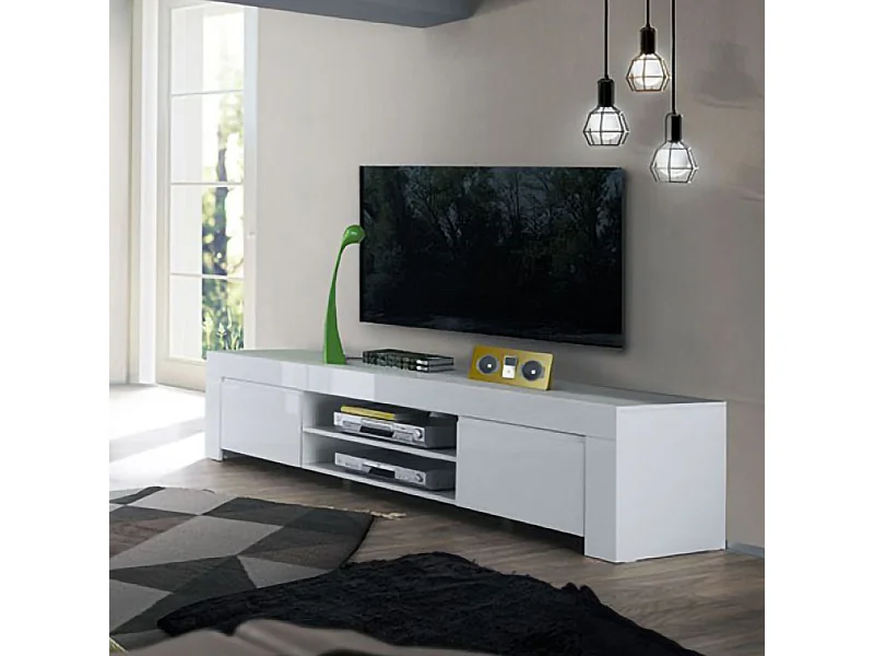 Mobile porta TV moderno basso con due vani a giorno centrali 190x45 PTL1 bianco lucido
