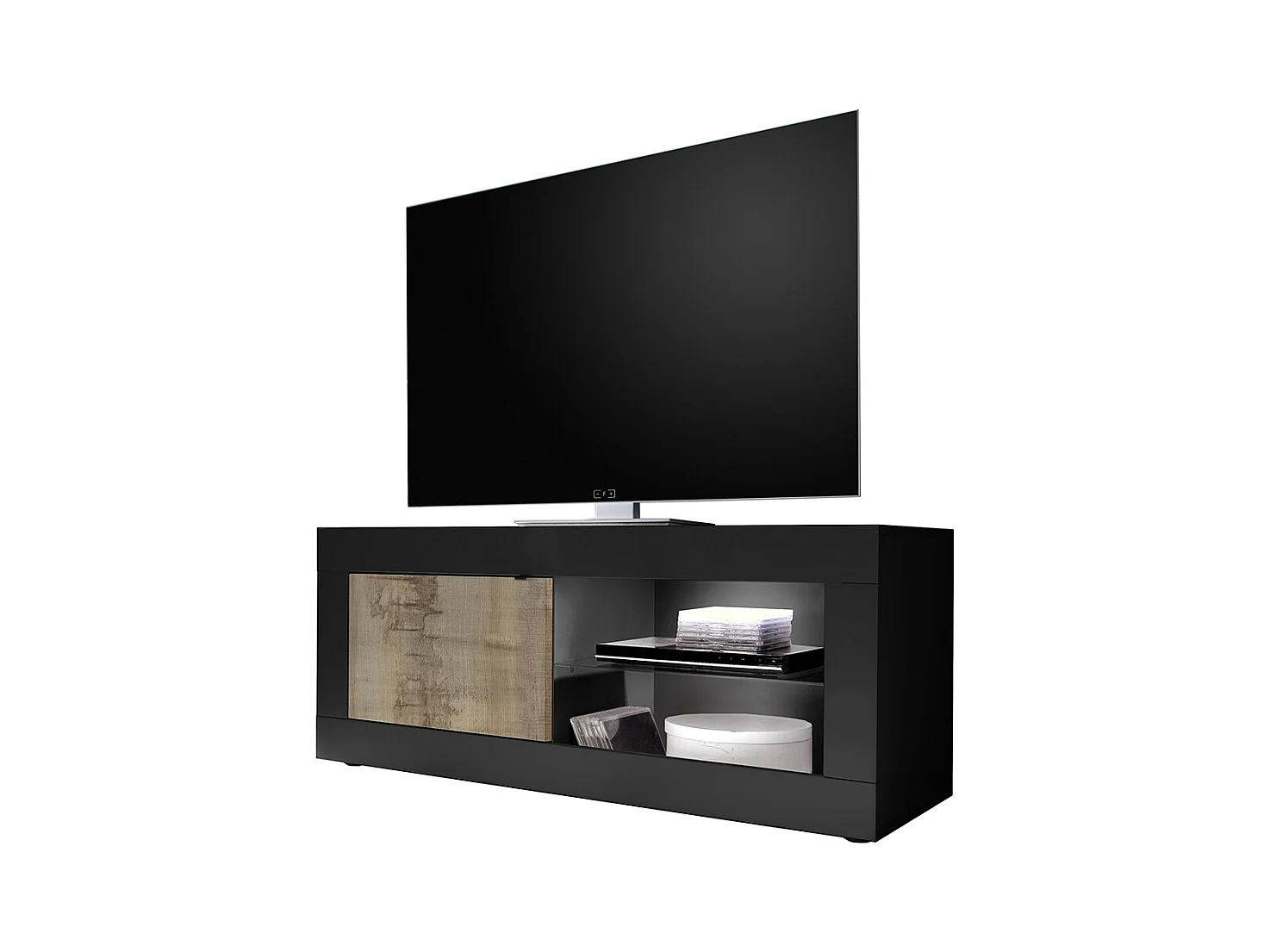 Mobile porta TV design moderno con anta singola e vani a giorno con piano in vetro 140x56 PTL3 nero e pero