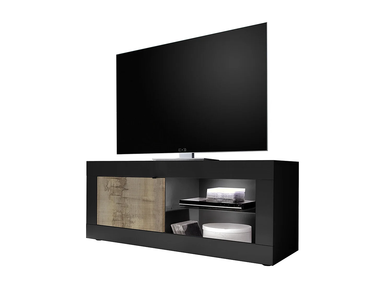 Mobile porta TV design moderno con anta singola e vani a giorno con piano in vetro 140x56 PTL3 nero e pero