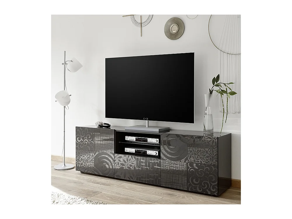 Mobile porta TV moderno con due ante e un cassetto serigrafato 181x57 PTL14 grigio lucido