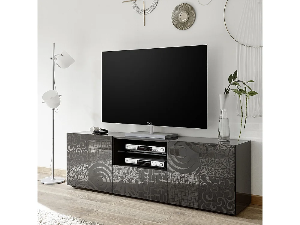 Mobile porta TV moderno con due ante e un cassetto serigrafato 181x57 PTL14 grigio lucido