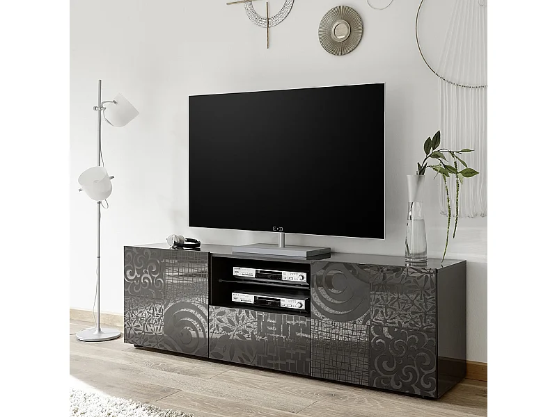 Mobile porta TV moderno con due ante e un cassetto serigrafato 181x57 PTL14 grigio lucido