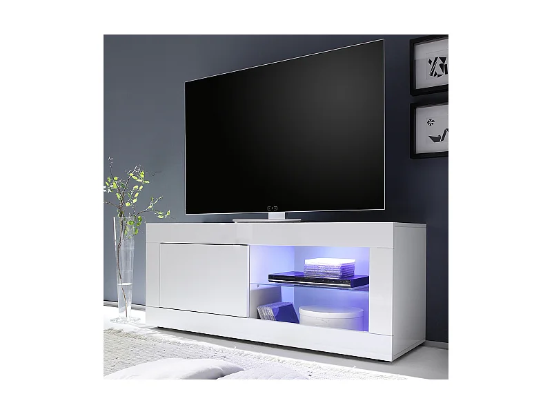 Mobile porta TV design moderno con anta singola e vani a giorno con piano in vetro 140x56 bianco lucido PTL3