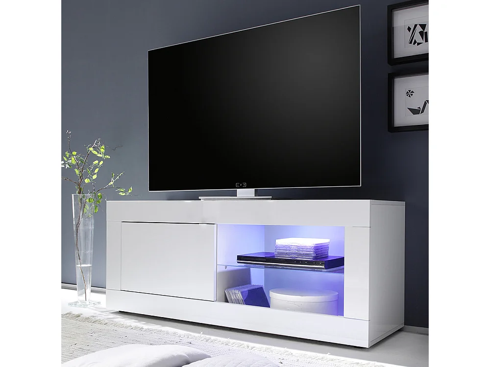Mobile porta TV design moderno con anta singola e vani a giorno con piano in vetro 140x56 bianco lucido PTL3