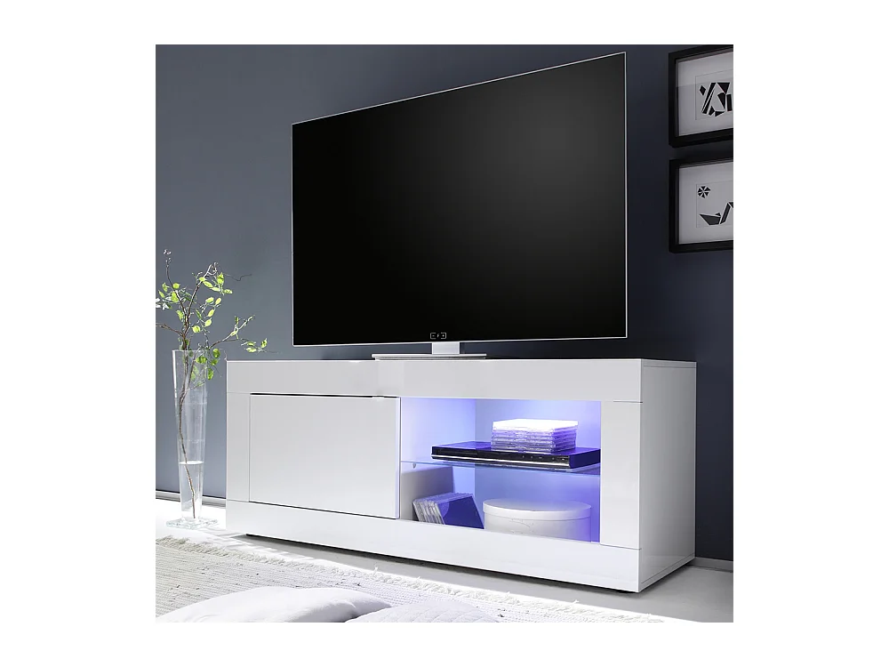 Mobile porta TV design moderno con anta singola e vani a giorno con piano in vetro 140x56 bianco lucido PTL3